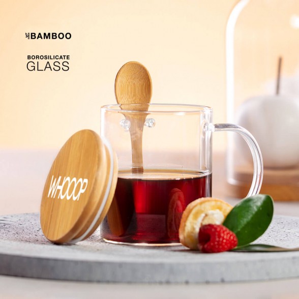 Taza cristal con tapa y cuchara Bambú