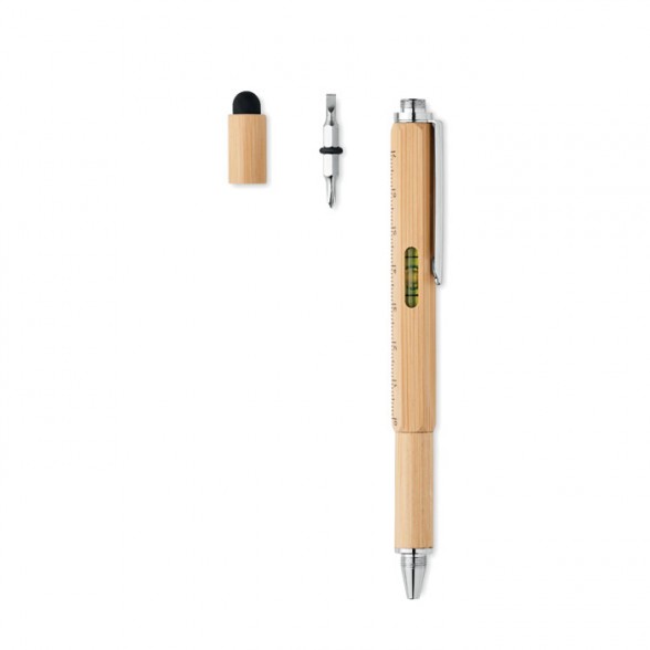 Bolígrafos Multifunción de bambú con nivel y destornillador con